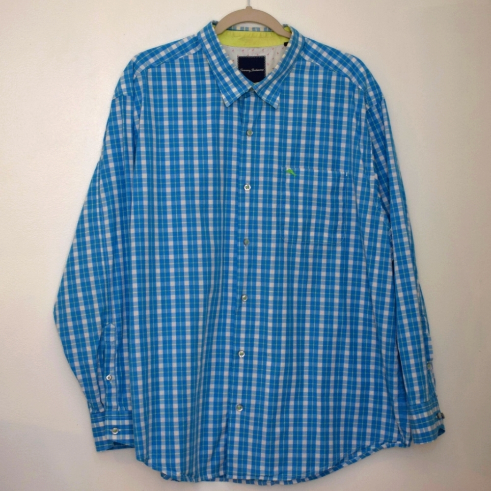 Tommy Bahama 1XB Blue Chartreuse Plaid 100% Pima Cotton Big & Tall Shirt 27.5"W